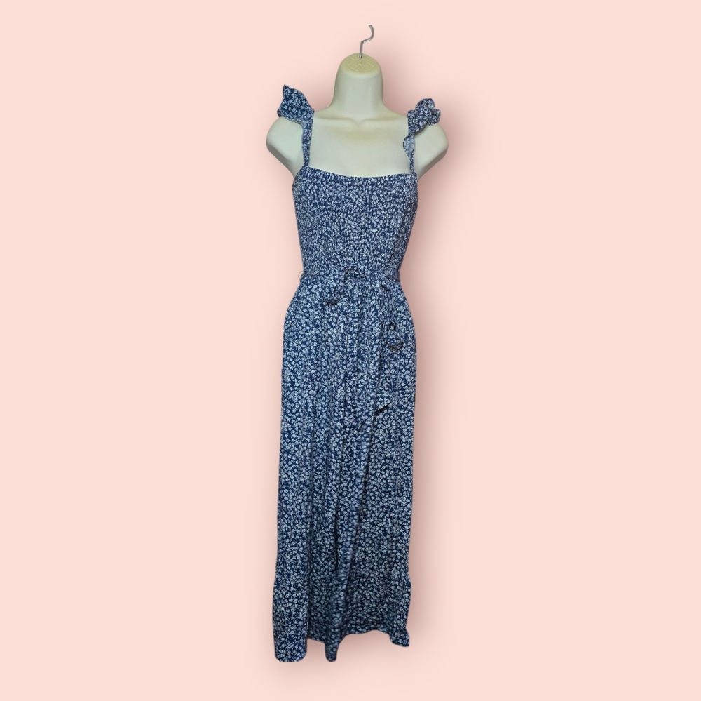 Smocked Navy Floral Maxi Jumpsuit with Ruffle Straps